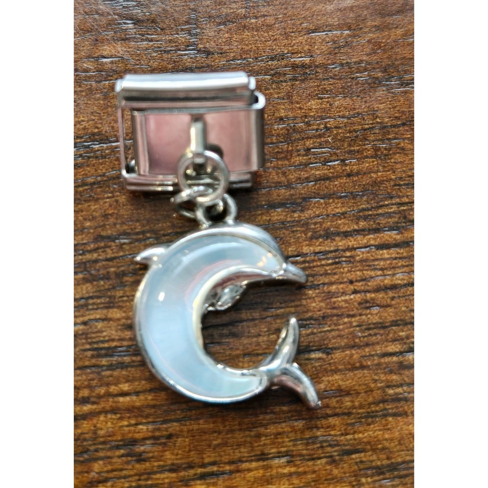 Dolphin Dangle Italian Charm Stainless Steel 9mm Link Iridescent White Inlay